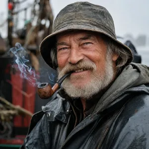 A 4K photo of an old fisherman with a weathered face and a pipe, grinning. - Takumi Takumi 1