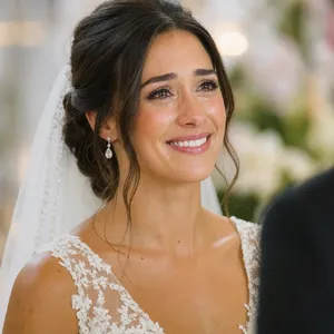 A bride on her wedding day, smiling with tears of joy in her eyes. - Takumi Takumi 1