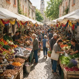 A bustling market scene with dozens of people buying and selling goods. - Takumi Takumi 1