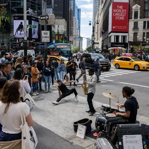 A busy city intersection with cars, pedestrians, and street performers all in one frame. - Takumi Takumi 1