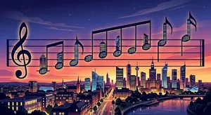 A city skyline that forms the shape of musical notes on a staff, created in a stylized graphic design aesthetic with clean architectural lines and dramatic twilight colors. - Takumi Takumi 1