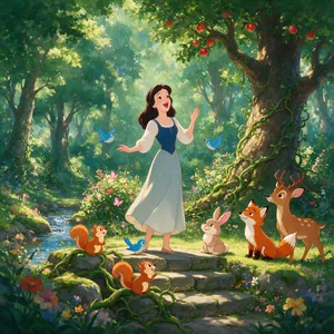 A classic Disney-like 2D cartoon princess singing with animals in a forest. - Takumi Takumi 1