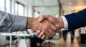 A close-up of two people shaking hands, both hands fully visible with five fingers each, in sharp focus against a blurred background. - Takumi Takumi 1