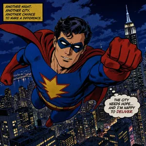 A comic-book style superhero flying over a city at night, with halftone shading. - Takumi Takumi 1