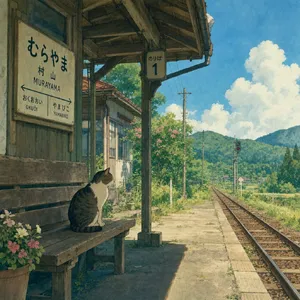 A countryside train station with a cat waiting on a bench. Rendered in Studio Ghibli animation style with Miyazaki's watercolor backgrounds and hand-drawn quality. - Takumi Takumi 1