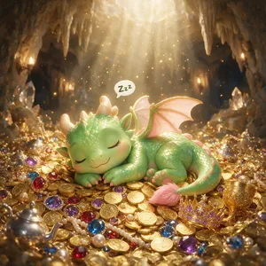 A cute chibi-style dragon sleeping on a pile of gold. - Takumi Takumi 1