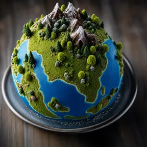 A dessert cake that looks like a tiny planet, complete with miniature trees and mountains, photographed in a professional food photography style with tilt-shift focus effect. - Takumi Takumi 1