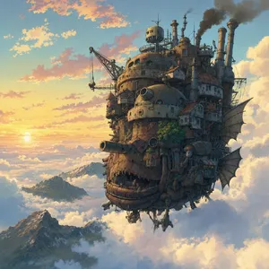 A flying castle floating in clouds at sunrise. Match the visual aesthetic of 'Howl's Moving Castle' by Studio Ghibli, with Miyazaki's blend of steampunk elements and fantasy. - Takumi Takumi 1