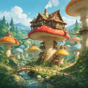 A forest of giant mushrooms with houses built on top of them, rendered in a whimsical Studio Ghibli-inspired art style with vibrant colors and fantastical details. - Takumi Takumi 1