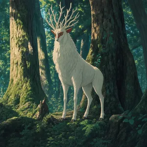 A forest spirit standing among tall trees. Replicate the artistic style of 'Princess Mononoke' by Studio Ghibli, with Miyazaki's detailed environments and mystical creature design. - Takumi Takumi 1