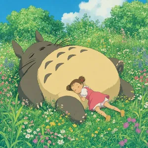 A girl and a giant fluffy creature napping in a wildflower meadow. Reproduce the art style of 'My Neighbor Totoro' by Studio Ghibli, with Miyazaki's soft character designs. - Takumi Takumi 1