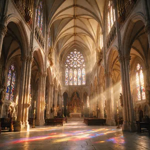 A Gothic cathedral interior at sunset with light streaming through detailed stained glass windows, creating colored patterns on stone floors and columns. Show accurate ribbed vaulting. - Takumi Takumi 1
