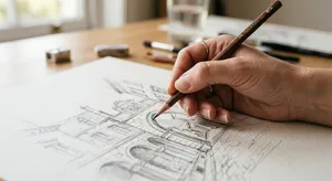 A hand drawing a sketch on paper with a pencil, the hand and pencil tip in clear focus. - Takumi Takumi 1