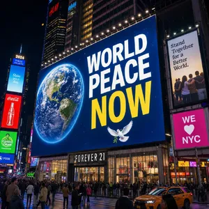 A large storefront billboard at Times Square displaying the slogan “WORLD PEACE NOW” in bold, clear letters, amidst a vibrant cityscape at night. - Takumi Takumi 1