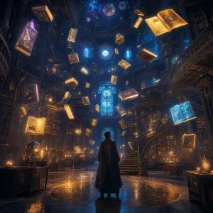 A library where the books are glowing and floating in mid-air, illustrated in a magical realism style with dramatic lighting and rich atmospheric colors. - Takumi Takumi 1