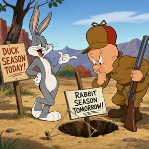 A Looney Tunes-inspired cartoon scene of a clever rabbit tricking a hunter. - Takumi Takumi 1