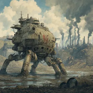 A mechanical creature in a polluted landscape. Capture the visual aesthetic of 'Nausicaä' by Studio Ghibli, with Miyazaki's mechanical designs and environmental contrast. - Takumi Takumi 1