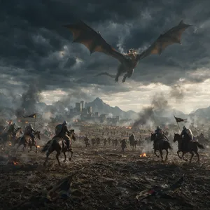 A medieval battlefield with knights on horseback and a dragon flying overhead. - Takumi Takumi 1