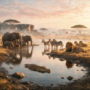 A misty dawn at an African savanna watering hole where elephants, lions, and zebras coexist in tense harmony, with a crocodile partially submerged in the foreground and flamingos taking flight in the background, golden hour lighting. - Takumi Takumi 1