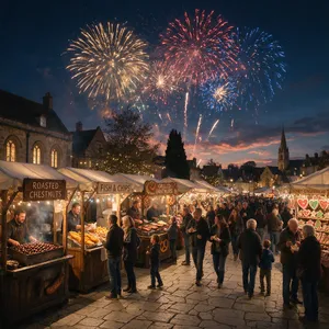 A nighttime festival with fireworks in the sky, food stalls lined up, and crowds mingling. - Takumi Takumi 1