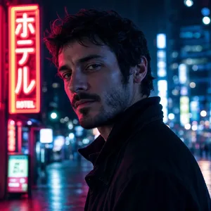 A nighttime portrait of a man lit by neon signs on a city street. - Takumi Takumi 1