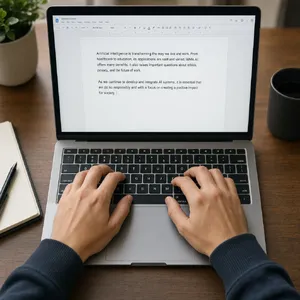 A person typing on a laptop keyboard, showing both hands on the keys. - Takumi Takumi 1