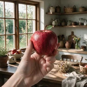 A realistic photo of a hand holding a red apple, with all fingers clearly visible. - Takumi Takumi 1