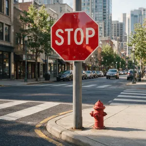 A red stop sign on a street corner displaying the word 