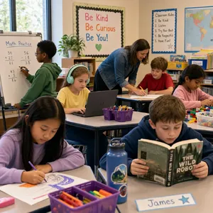 A school classroom of children and a teacher, each student engaged in a different activity. - Takumi Takumi 1
