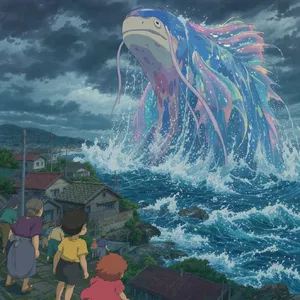 A sea creature rising from a stormy ocean near a village. Replicate the visual style of 'Ponyo' by Studio Ghibli, with Miyazaki's fluid water animations and vibrant creatures. - Takumi Takumi 1