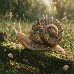 A snail whose shell contains a miniature city skyline, depicted in a hyperrealistic macro photography style with intricate architectural details and ambient lighting. - Takumi Takumi 1