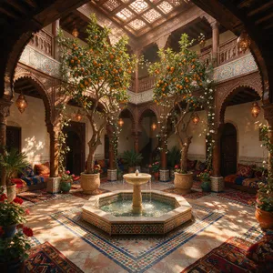 A traditional Moroccan riad courtyard with detailed zellige tilework, flowing fountain, citrus trees, and ornate woodwork. Morning light casting intricate shadow patterns. - Takumi Takumi 1