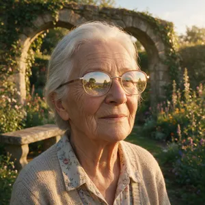 A ultra high-resolution portrait of an elderly woman with silver hair and bifocal glasses, each lens reflecting a distant landscape, captured in warm late-afternoon sunlight - Takumi Takumi 1