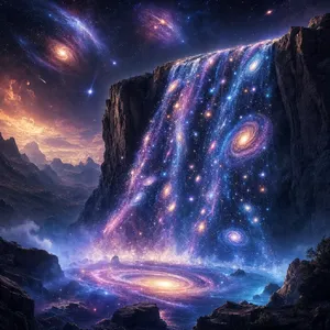 A waterfall that pours out stars and galaxies instead of water, illustrated in a cosmic fantasy style with vibrant space colors and dramatic lighting effects. - Takumi Takumi 1