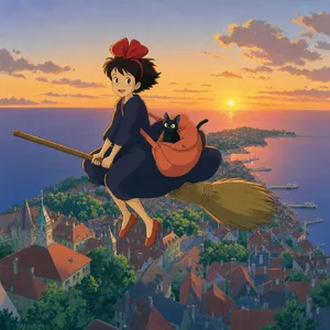 A young witch flying on a broomstick above a coastal town at sunset. Exact art style of 'Kiki's Delivery Service' by Studio Ghibli, with Miyazaki's character design and warm colors. - Takumi Takumi 1