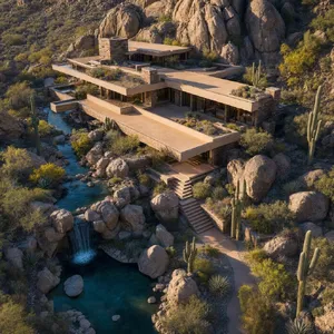 Aerial view of a modernist desert home, in the style of Frank Lloyd Wright's Fallingwater but adapted to desert conditions. Show integration with rocky landscape and water features. - Takumi Takumi 1