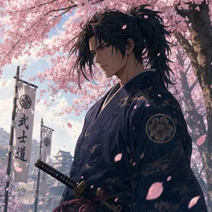 An anime-style portrait of a samurai standing under pink cherry blossoms. - Takumi Takumi 1