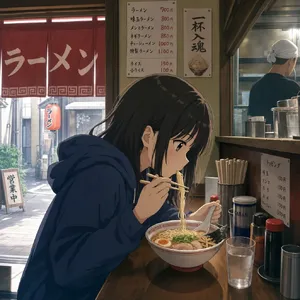 An anime scene of a character eating ramen at a small shop counter (slice-of-life style). - Takumi Takumi 1
