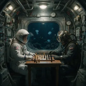 An astronaut and a deep-sea diver playing chess together inside a submarine. - Takumi Takumi 1