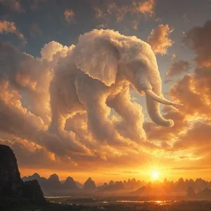 An elephant made of clouds floating in a sunset sky, rendered in a surrealist photorealistic style with ethereal golden lighting and atmospheric depth. - Takumi Takumi 1