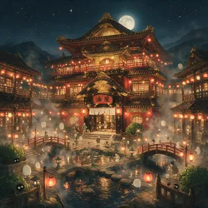 An enchanted bathhouse with glowing lanterns and spirits. Recreate the visual style of 'Spirited Away' by Studio Ghibli, with Miyazaki's ornate architecture and magical atmosphere. - Takumi Takumi 1