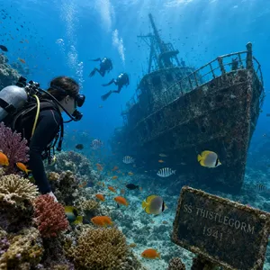 An underwater scene with scuba divers exploring a coral reef alongside colorful fish and a sunken ship. - Takumi Takumi 1