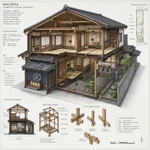 Cutaway architectural drawing of a traditional Japanese machiya townhouse showing all rooms and structural elements. Include accurate proportions, traditional joinery, and typical spatial organization. - Takumi Takumi 1