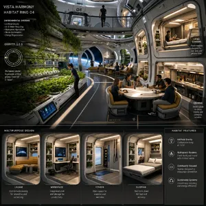 Interior of a futuristic space habitat with hydroponics gardens, communal areas, and living quarters. Show curved walls, artificial gravity considerations, and multipurpose furniture designs. - Takumi Takumi 1