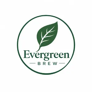 Minimalist logo for a sustainable coffee brand 'Evergreen Brew', single leaf motif, clean lines, vector style, white background. 'Evergreen Brew' contained as text in logo - Takumi Takumi 1
