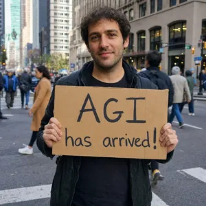 Photorealistic daytime street photograph, clearly showing a man standing still on a busy urban street corner holding a rectangular cardboard sign clearly facing camera, handwritten bold black marker text clearly readable as 