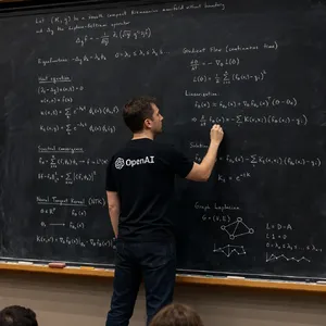 Photorealistic depiction of a man wearing a clearly visible black OpenAI-branded T-shirt. He is standing at the front of a university lecture hall, writing complex mathematics and AI-related equations across a large, dusty chalkboard filled with notation - Takumi Takumi 1