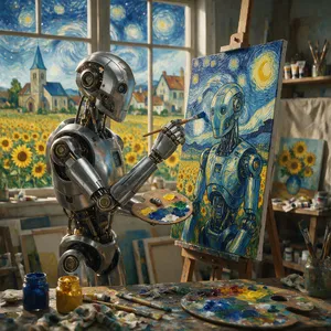 Photorealistic image of a robot painting a realistic self-portrait (i.e. the robot) on canvas, mimicking Van Gogh’s art style; clear, realistic metallic textures and painting details visible - Takumi Takumi 1