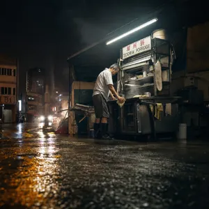 Rain-slicked Singapore street, 3 AM. A lone elderly hawker cleans his cart under one flickering fluorescent light. Steam rises gently. Low-angle shot, photorealistic - Takumi Takumi 1