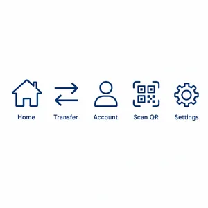 Set of 5 consistent flat design icons for a mobile banking app: 'Home', 'Transfer', 'Account', 'Scan QR', 'Settings'. Monochrome dark blue. - Takumi Takumi 1